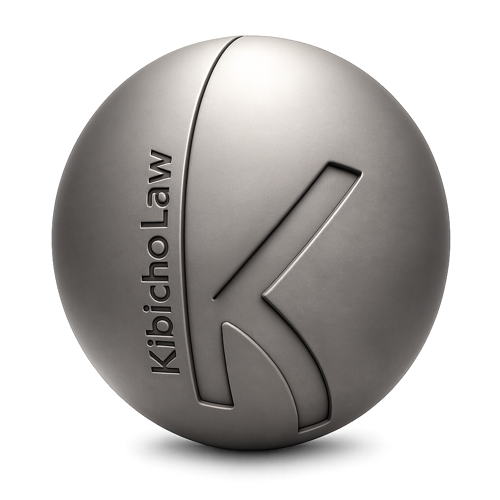 Round metallic emblem with a stylized letter K and the word Kibicho Law engraved vertically.