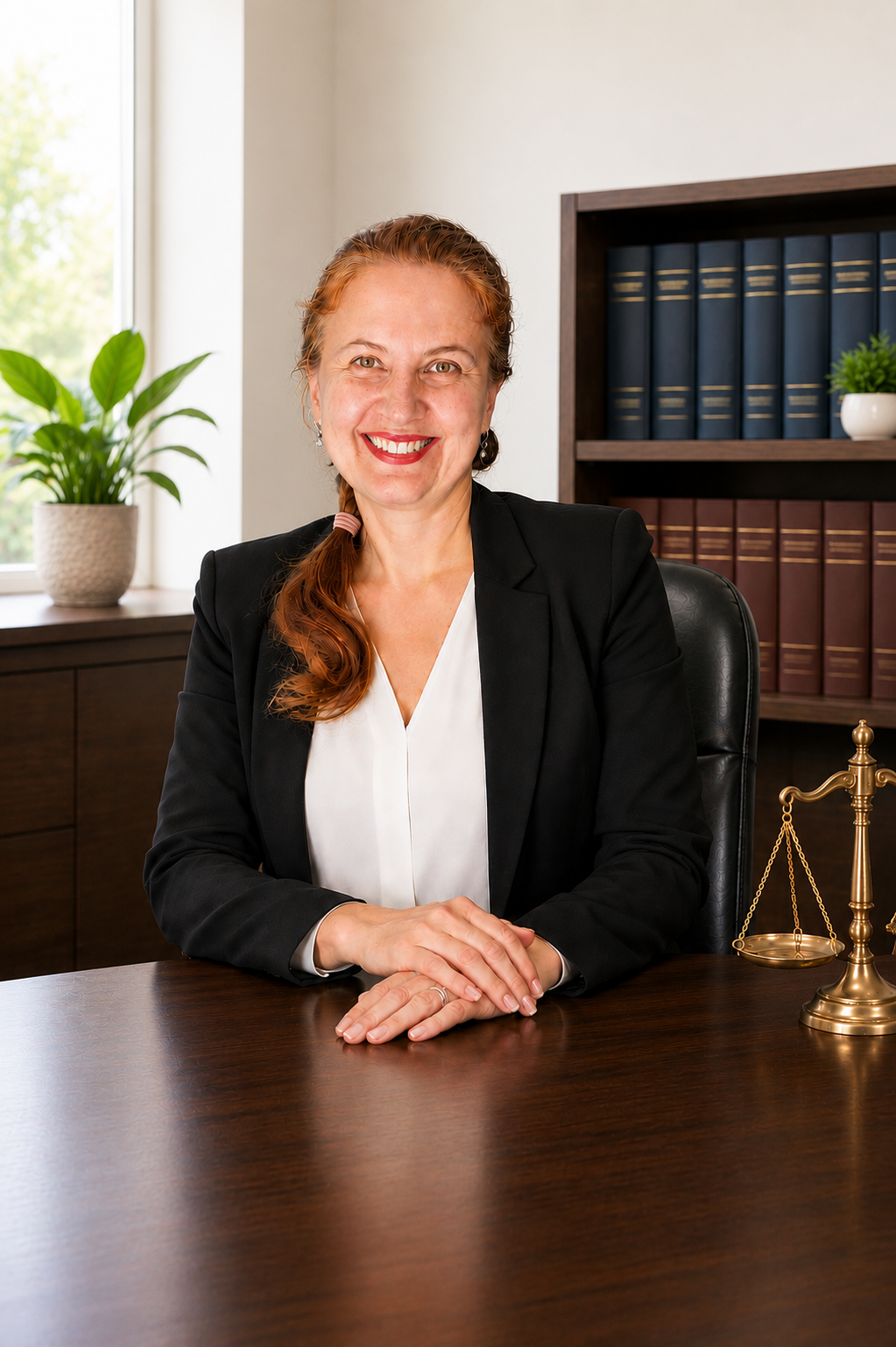 Smiling woman in black blazer sitting at wooden desk with law books and scales of justice nearby.