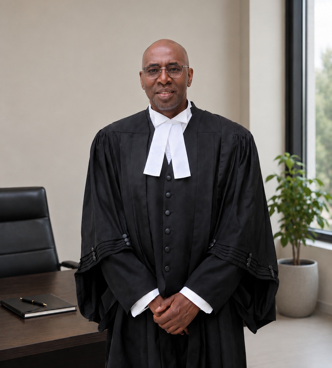 Smiling man in formal black legal robe and white collar stands in office near desk and window with plant.