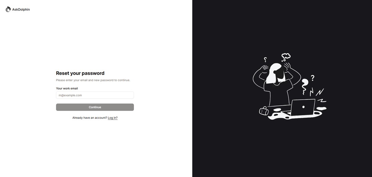 AskDolphin reset password page showing an email input field and a Continue button.