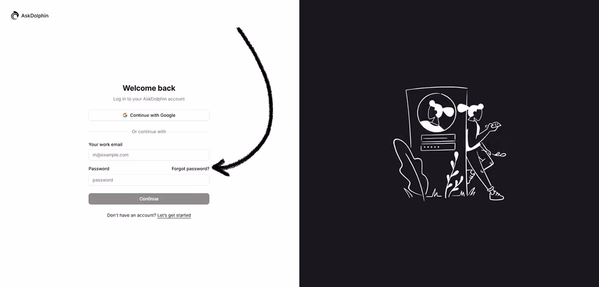 AskDolphin login page with an arrow pointing to the ‘Forgot password?’ link.
