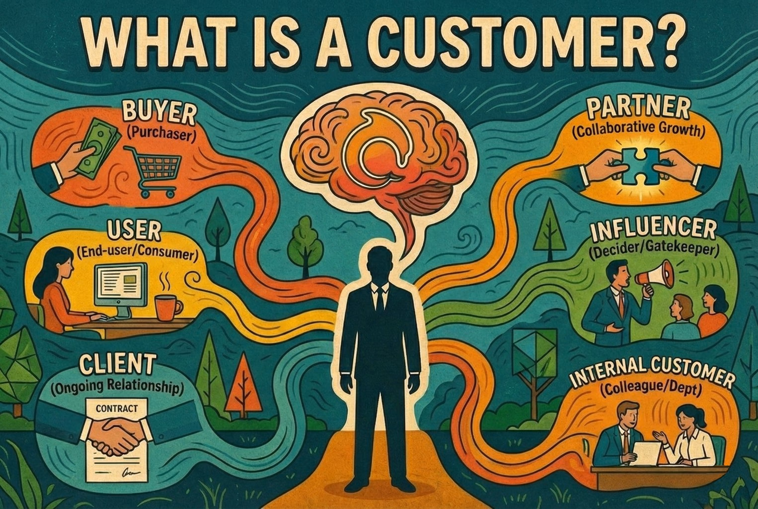 Illustration explaining what a customer is, showing different roles such as buyer, user, client, partner, influencer, and internal customer connected to a central customer concept.