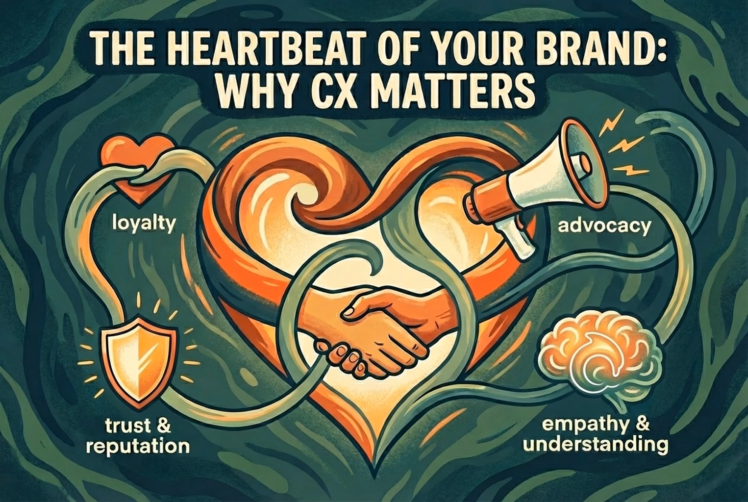 Illustration showing why customer experience matters, with trust, empathy, loyalty, and advocacy forming the heartbeat of a brand.