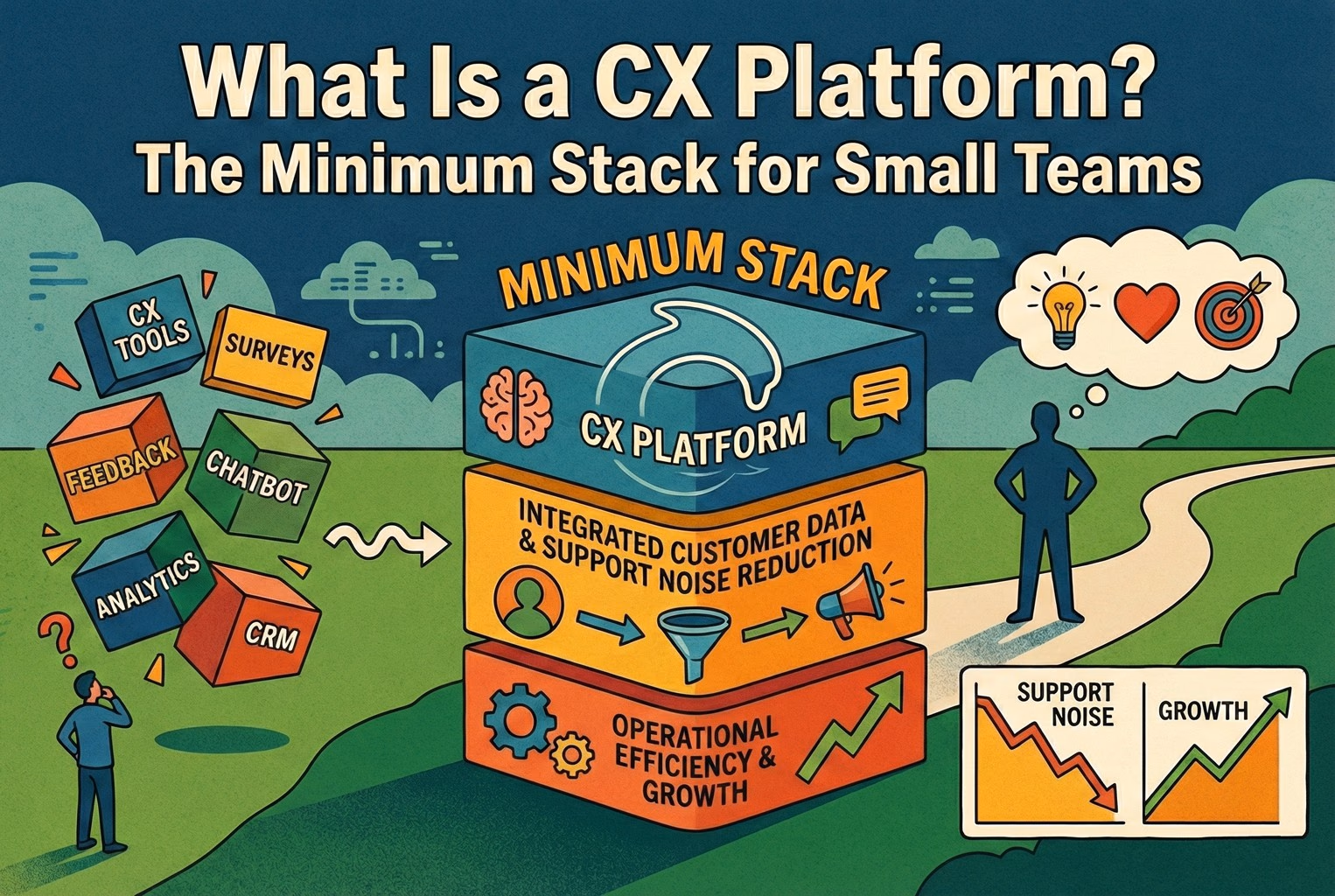 Illustration showing a minimum CX platform stack for small teams, bringing scattered CX tools like chat, surveys, analytics, and CRM into one integrated system to reduce support noise and improve customer experience.