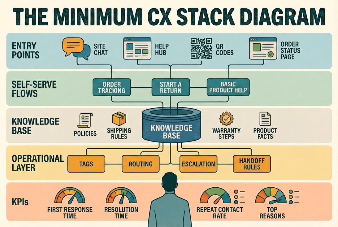 Minimum CX stack diagram showing entry points (site chat, help hub, QR codes, order status page), self-serve flows (order tracking, start a return, basic product help), a knowledge base (policies, shipping rules, warranty steps, product facts), an operational layer (tags, routing, escalation, handoff rules), and core CX KPIs (first response time, resolution time, repeat contact rate, top contact reasons).