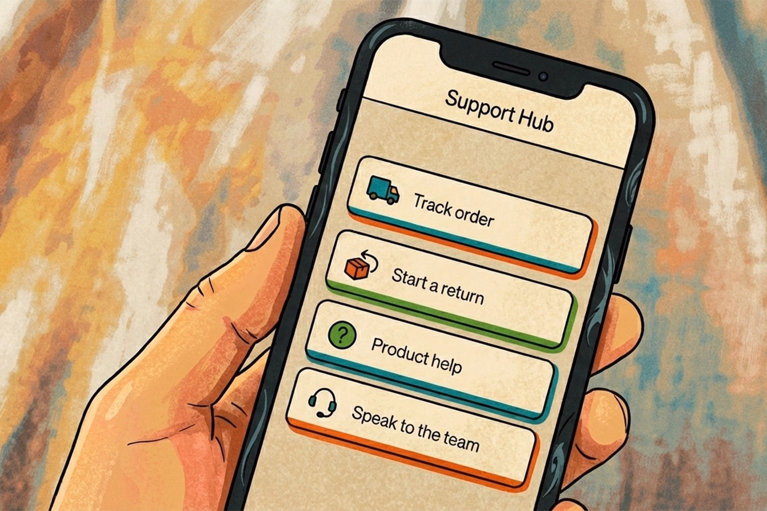 QR code support hub screen with order tracking, returns, product help, and contact options