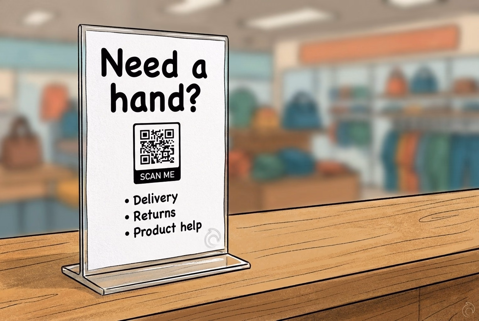 Printable counter sign inviting customers to scan a QR for delivery, returns, or product help