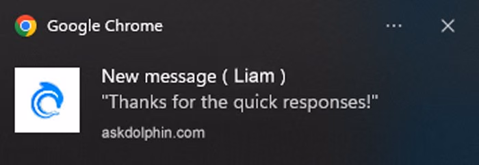 AskDolphin browser notification showing a new visitor message alert.