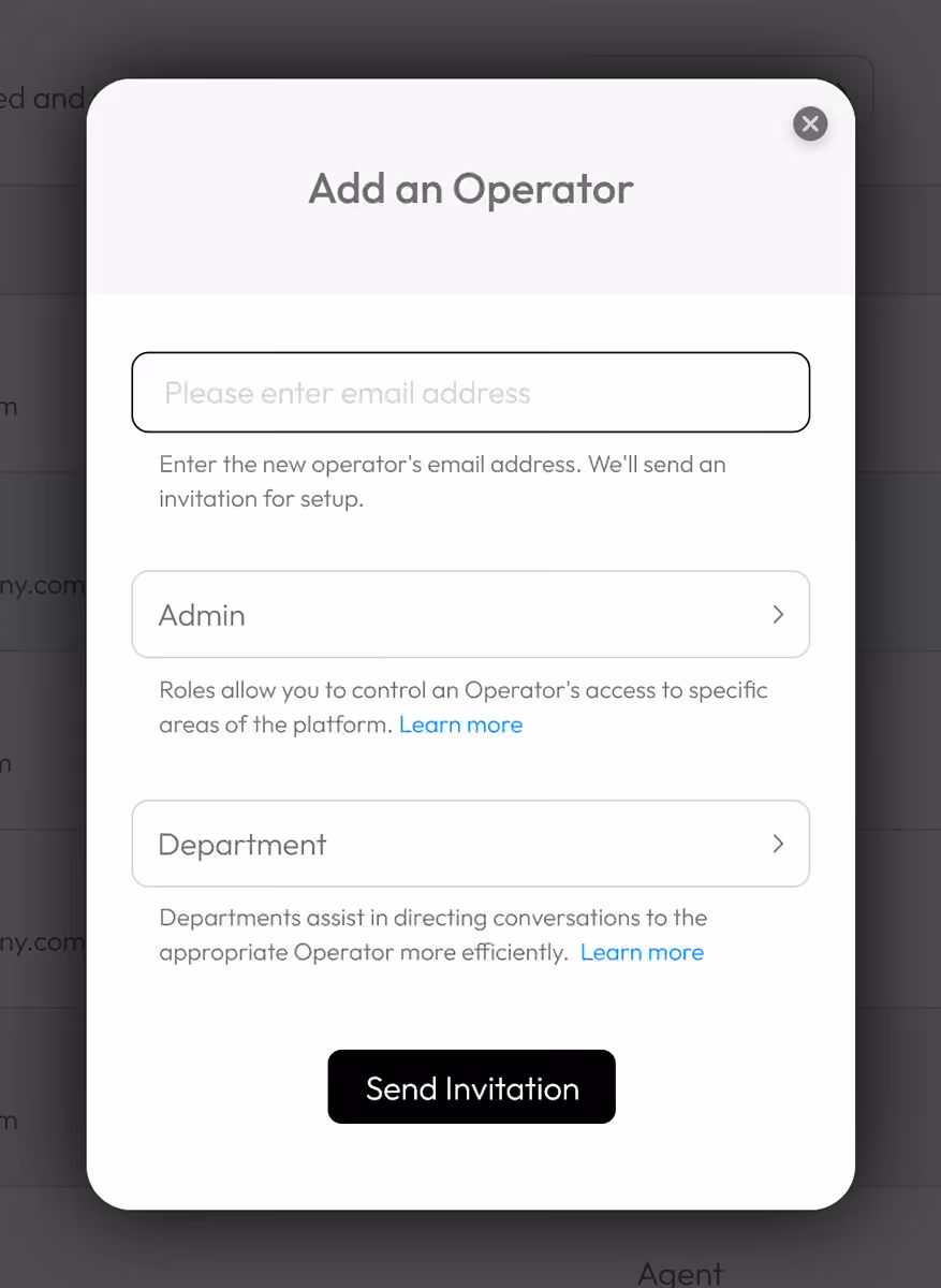 Add an Operator popup in AskDolphin showing fields for email, role selection, department selection, and a Send Invitation button.
