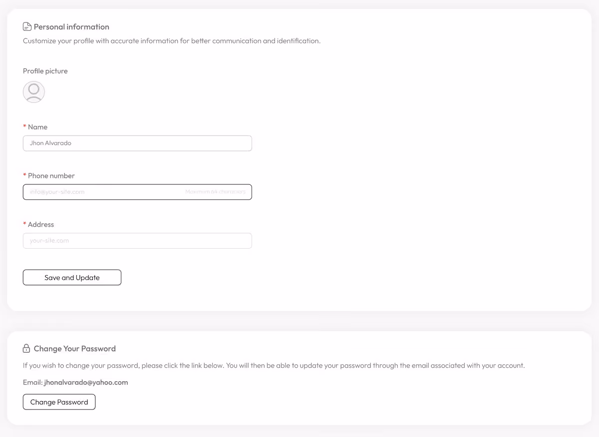 AskDolphin personal information page with editable profile fields and a change password option.