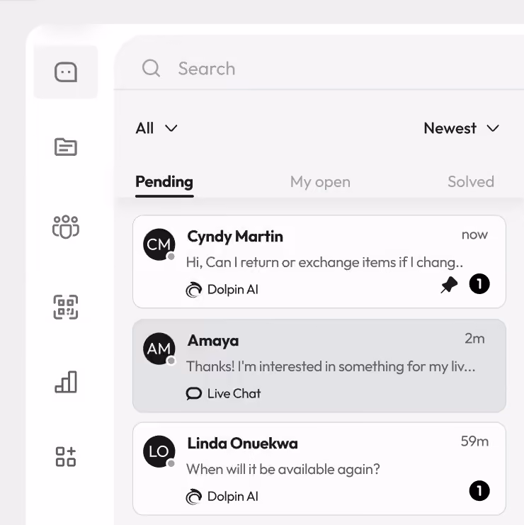 AskDolphin inbox showing pending conversations with customer names, message previews, and status indicators from AI and live chat.