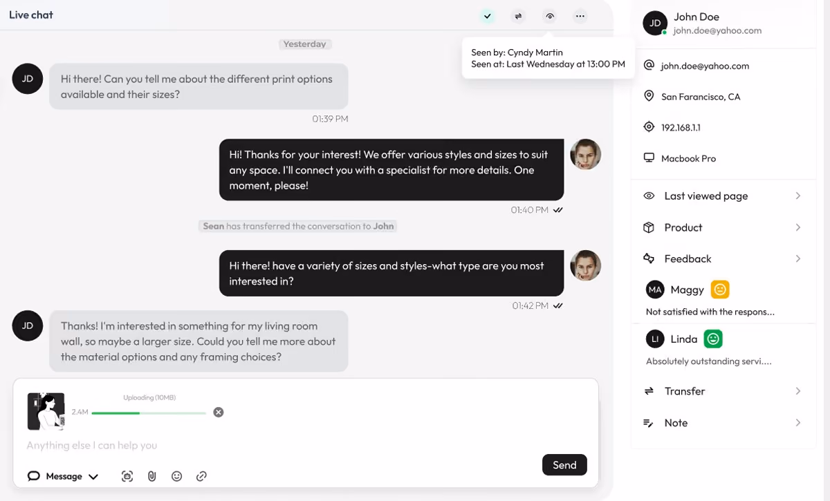AskDolphin live chat view showing an active conversation, file upload in progress, and customer details panel with device, location, and activity history.