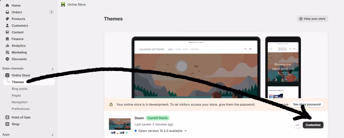 Shopify Themes page with an arrow from Themes in the sidebar to the Customize button on the current theme.