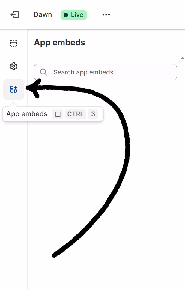 Shopify theme customization panel with an arrow pointing to the App embeds tab.