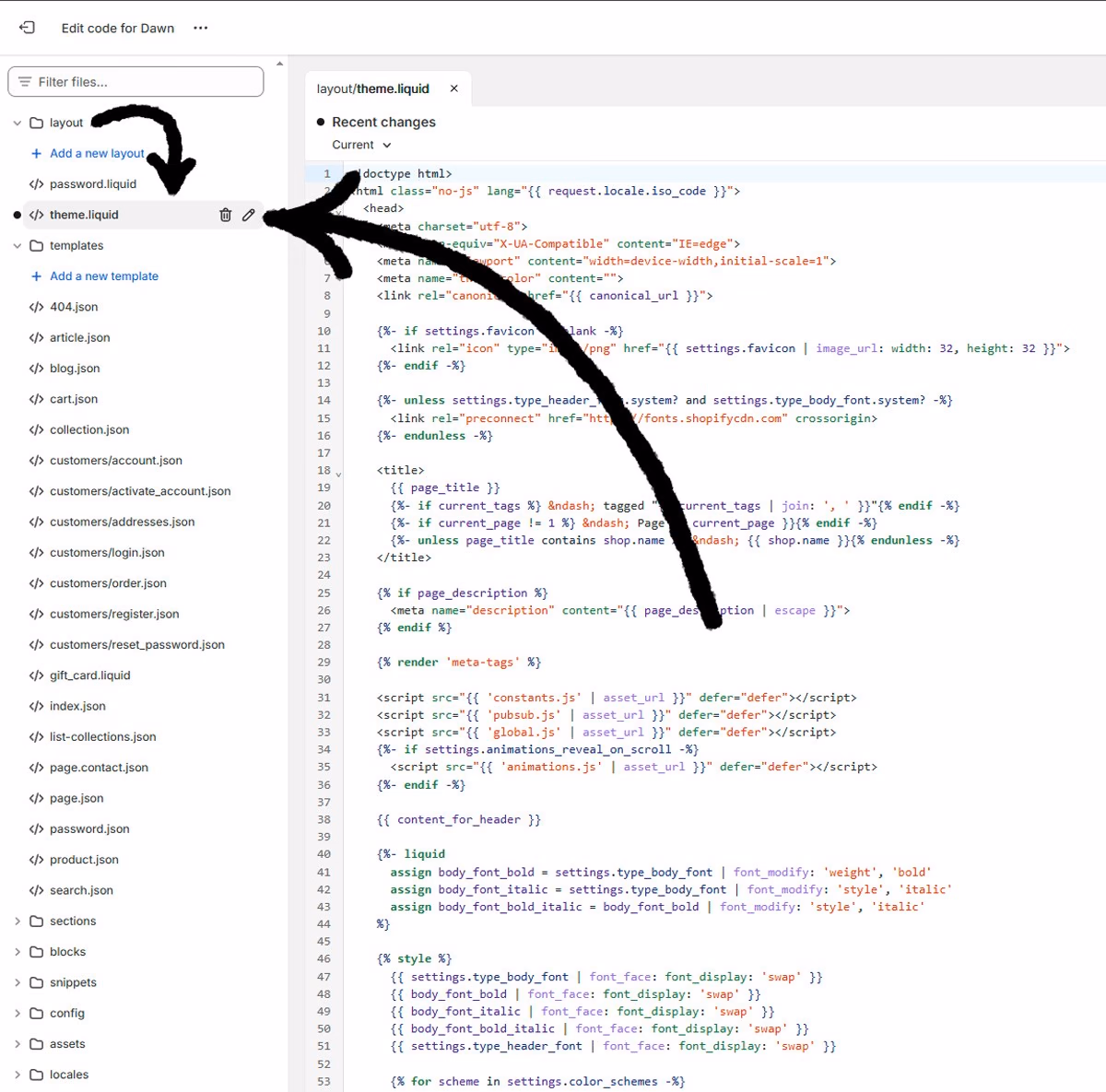 Shopify theme code editor showing the layout folder and theme.liquid file selected, with an arrow pointing to open the file and edit code.