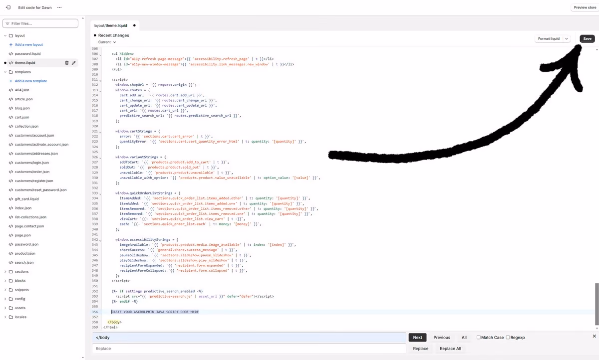 Shopify code editor with an arrow pointing to the Save button after removing the AskDolphin JavaScript code.