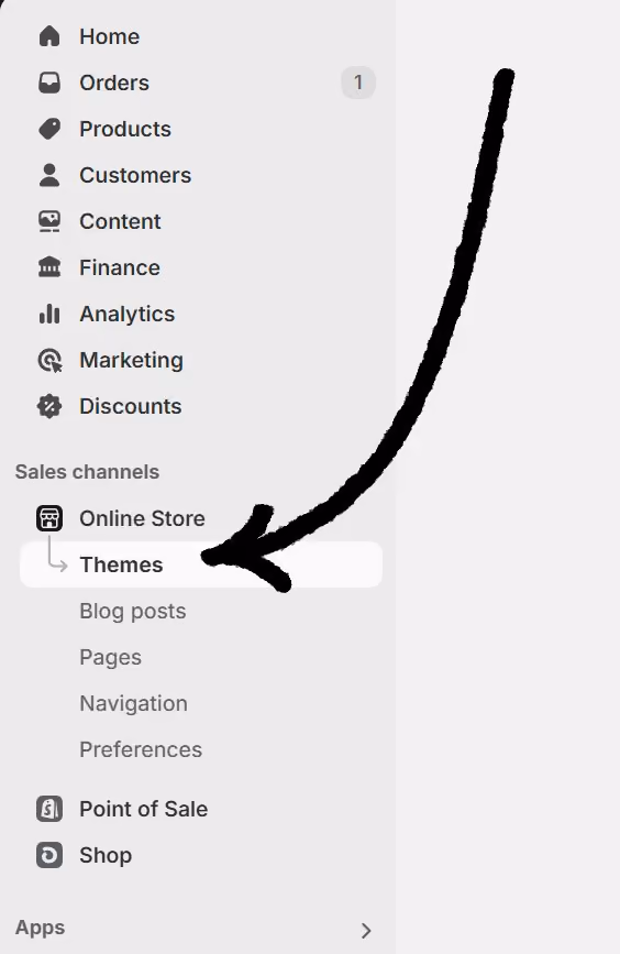 Shopify admin sidebar with an arrow pointing to the Themes menu under Online Store