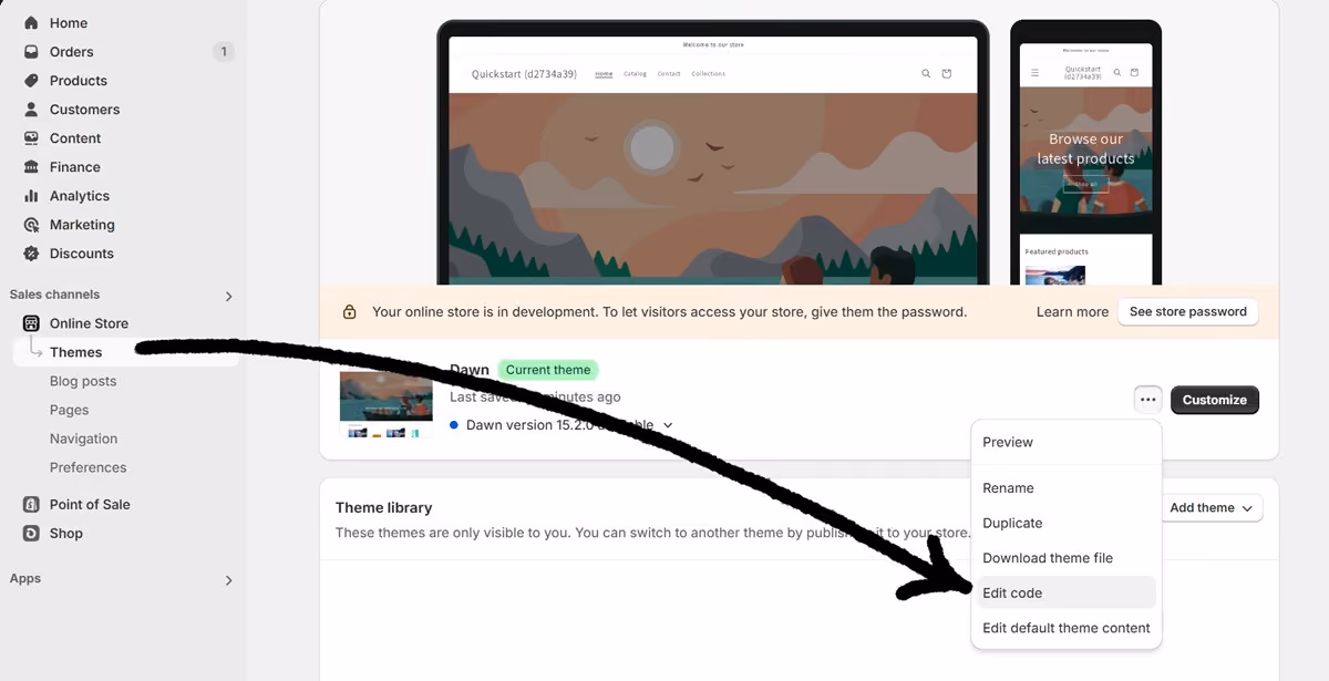 Shopify Themes page with an arrow indicating the Edit code option.
