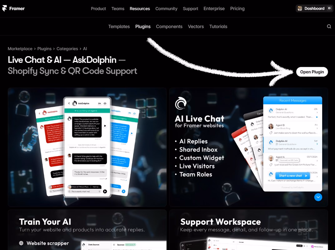 The AskDolphin plugin page in the Framer Marketplace, with an arrow pointing to the Open Plugin button.