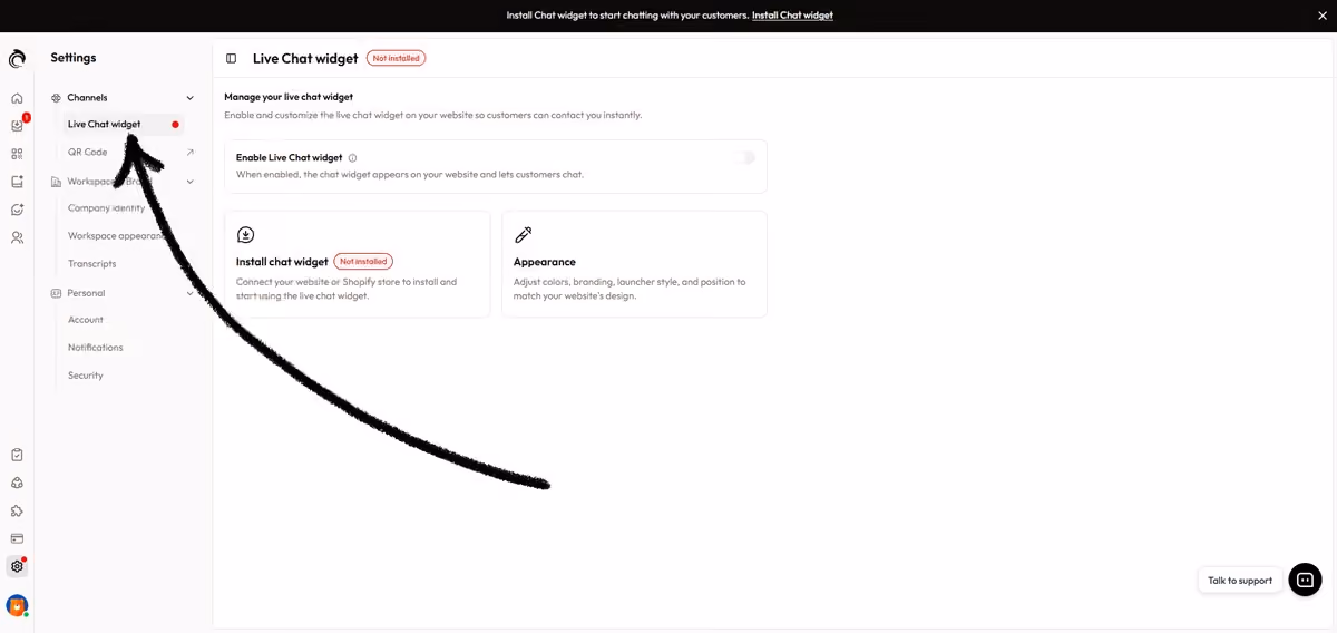 AskDolphin dashboard showing Live Chat widget settings under Channels with install chat widget option highlighted