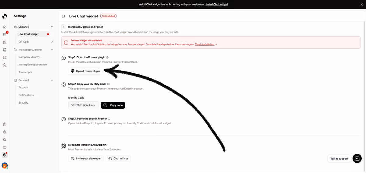 AskDolphin Install AskDolphin on Framer page with three steps, and an arrow pointing to the Open Framer plugin button under Step 1.