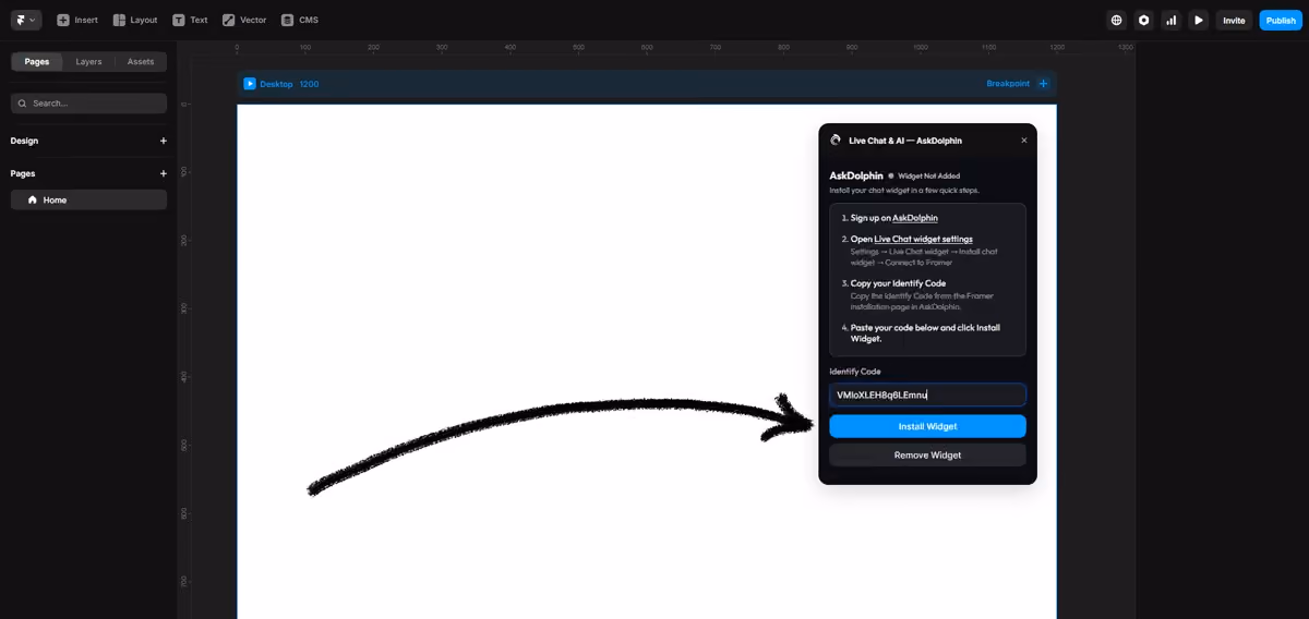 Framer AskDolphin plugin showing Install Widget button after entering Identify Code