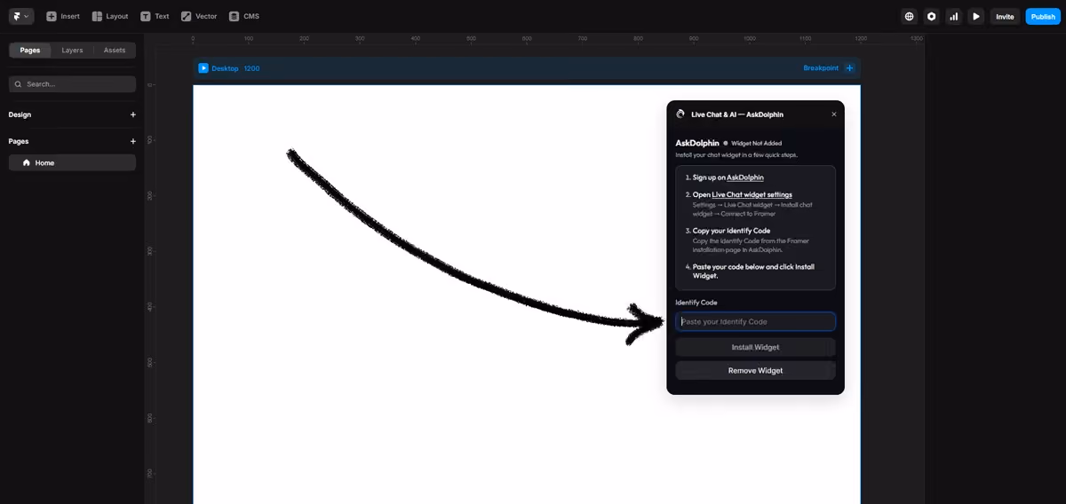 Framer AskDolphin plugin showing Identify Code input field where users paste their code