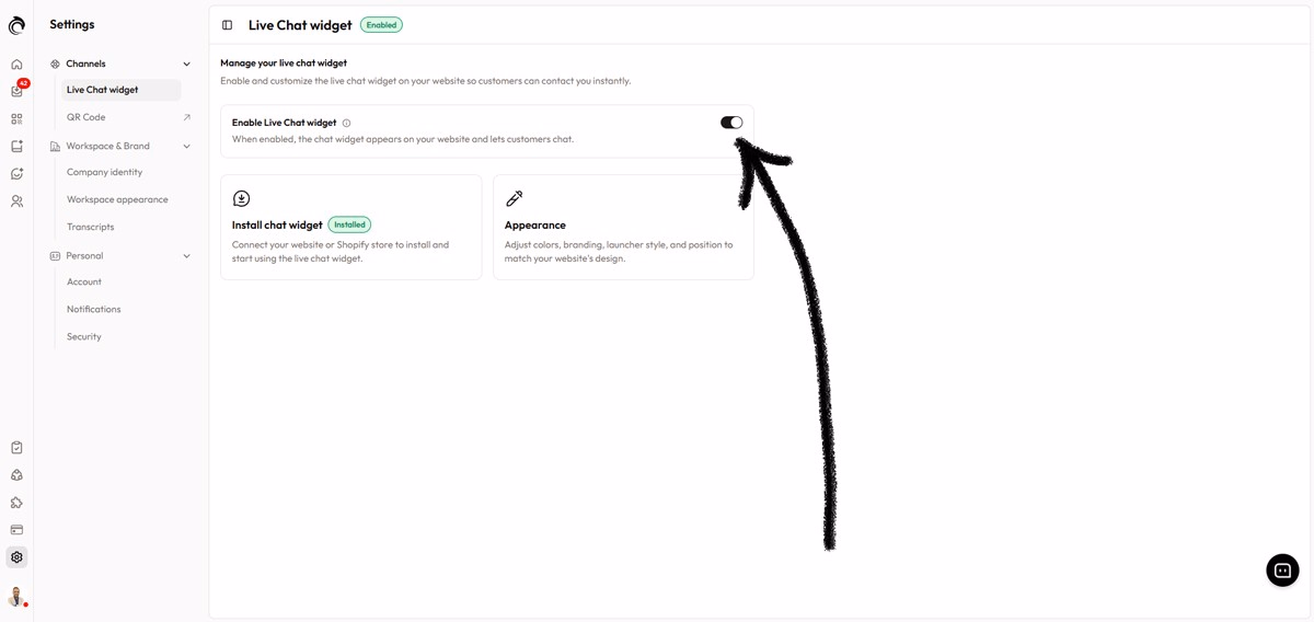 AskDolphin Live Chat widget settings showing toggle to disable chat widget on website