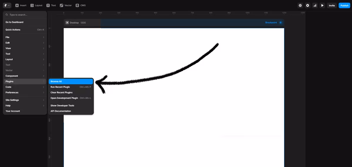 The Framer main menu open at Plugins, with an arrow pointing to Browse All.