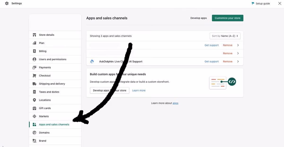 Shopify settings dashboard with an arrow pointing to the Apps and sales channels section that displays the AskDolphin app.