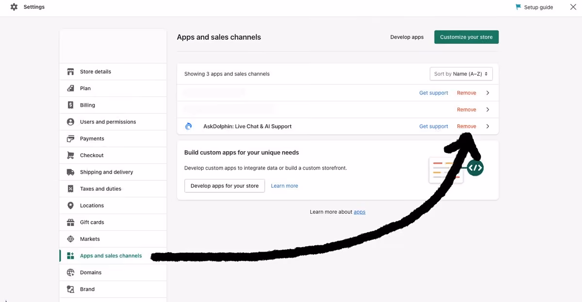 Shopify Apps and sales channels page with an arrow highlighting the AskDolphin: Live Chat & AI Support app entry and remove button.