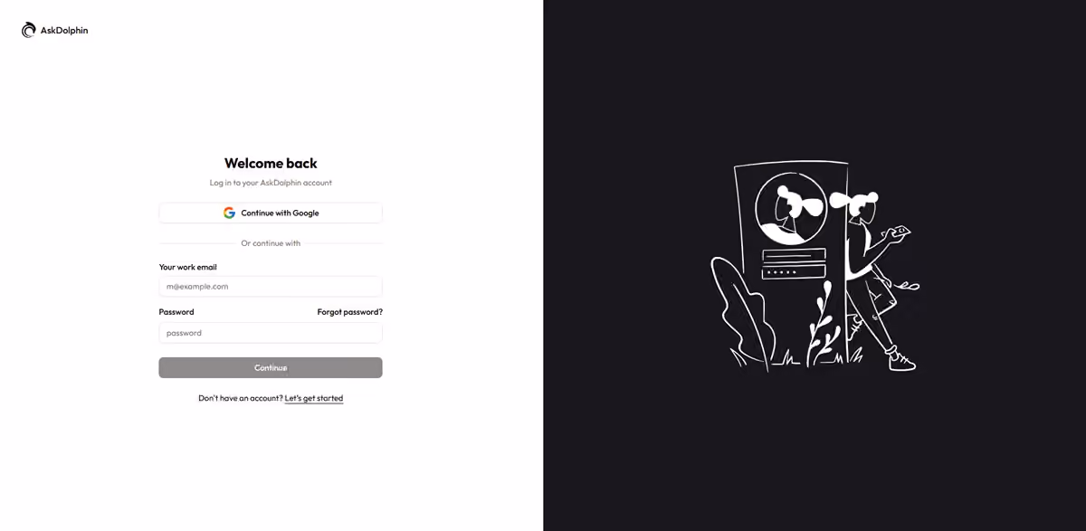 AskDolphin login page showing email and password fields with an option to continue using Google.