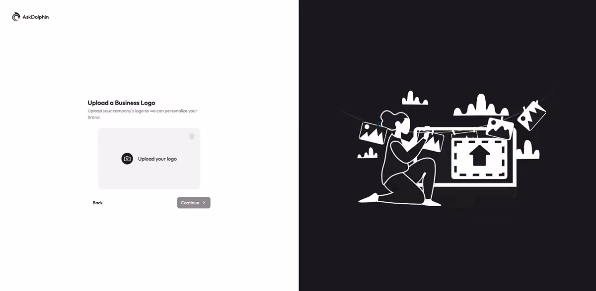 AskDolphin onboarding page showing an upload section for adding a company logo.