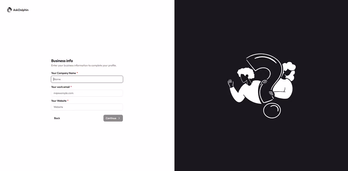 AskDolphin onboarding screen showing business information form with fields for company name, email, and website.