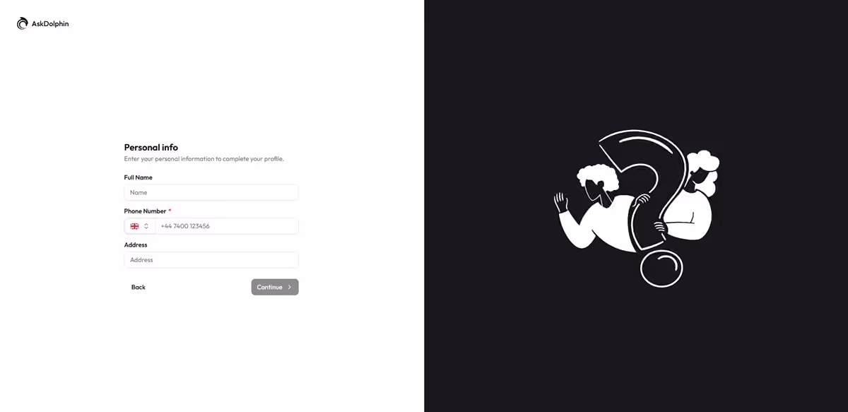 AskDolphin onboarding page showing personal information form with fields for name, phone number, and address.