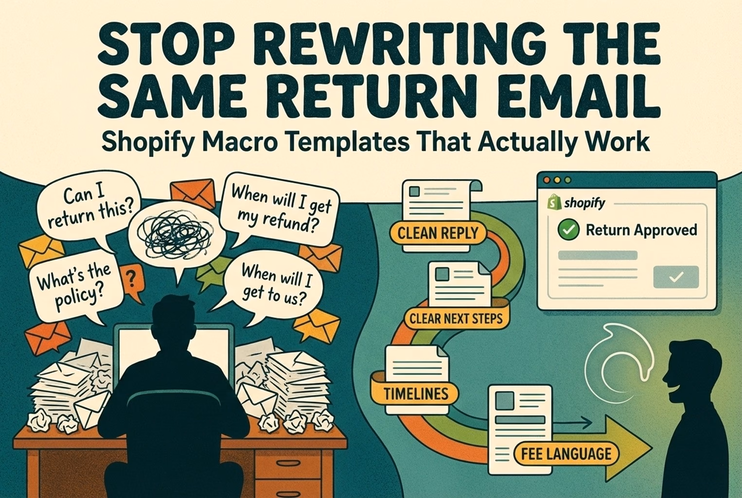 Illustration showing a merchant overwhelmed by return emails and Shopify macro templates turning messy return questions into clear replies with next steps, timelines, and fee explanations.