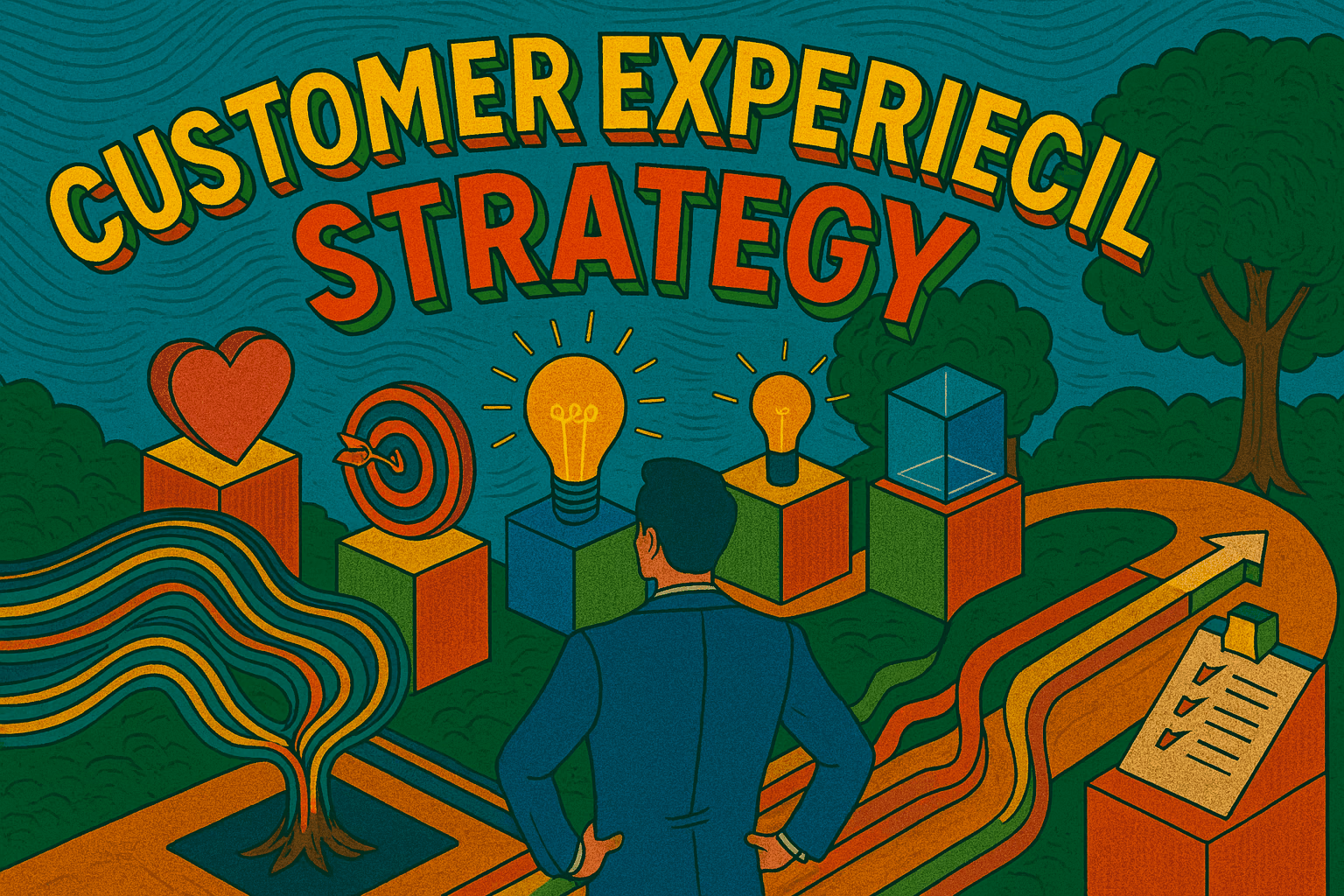 Illustration of a customer experience strategy, showing a person evaluating customer goals, ideas, and success metrics represented by icons like a heart, target, lightbulbs, and a checklist.