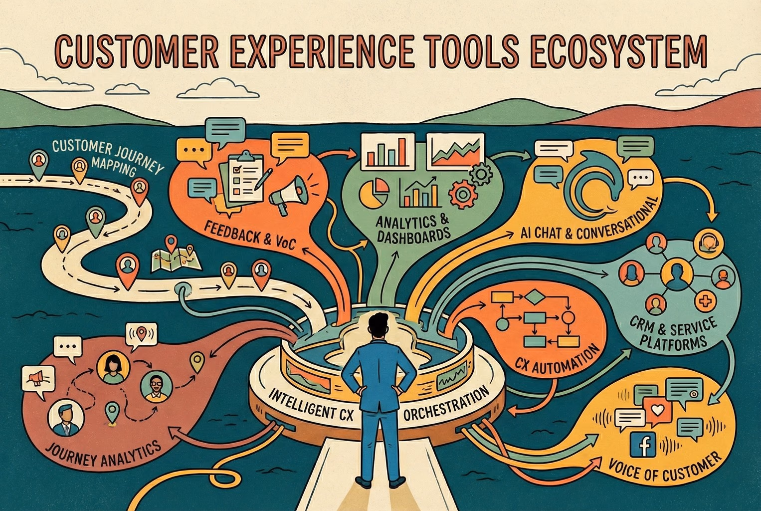 Illustration of the customer experience tools ecosystem showing journey mapping, feedback and voice of customer, analytics, AI chat, CRM platforms, and CX automation working together.
