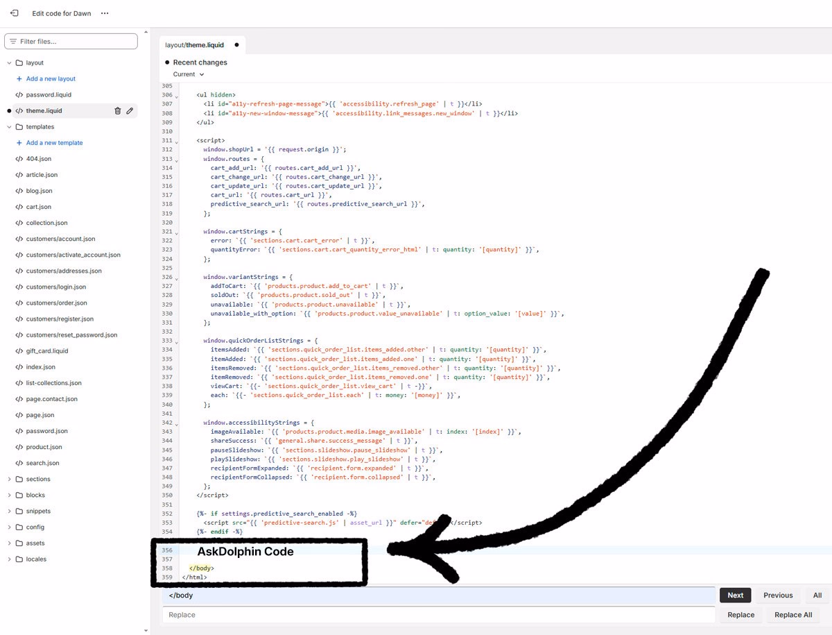 Shopify theme.liquid file opened in the code editor with an arrow pointing to the </body> section where the AskDolphin script should be removed.