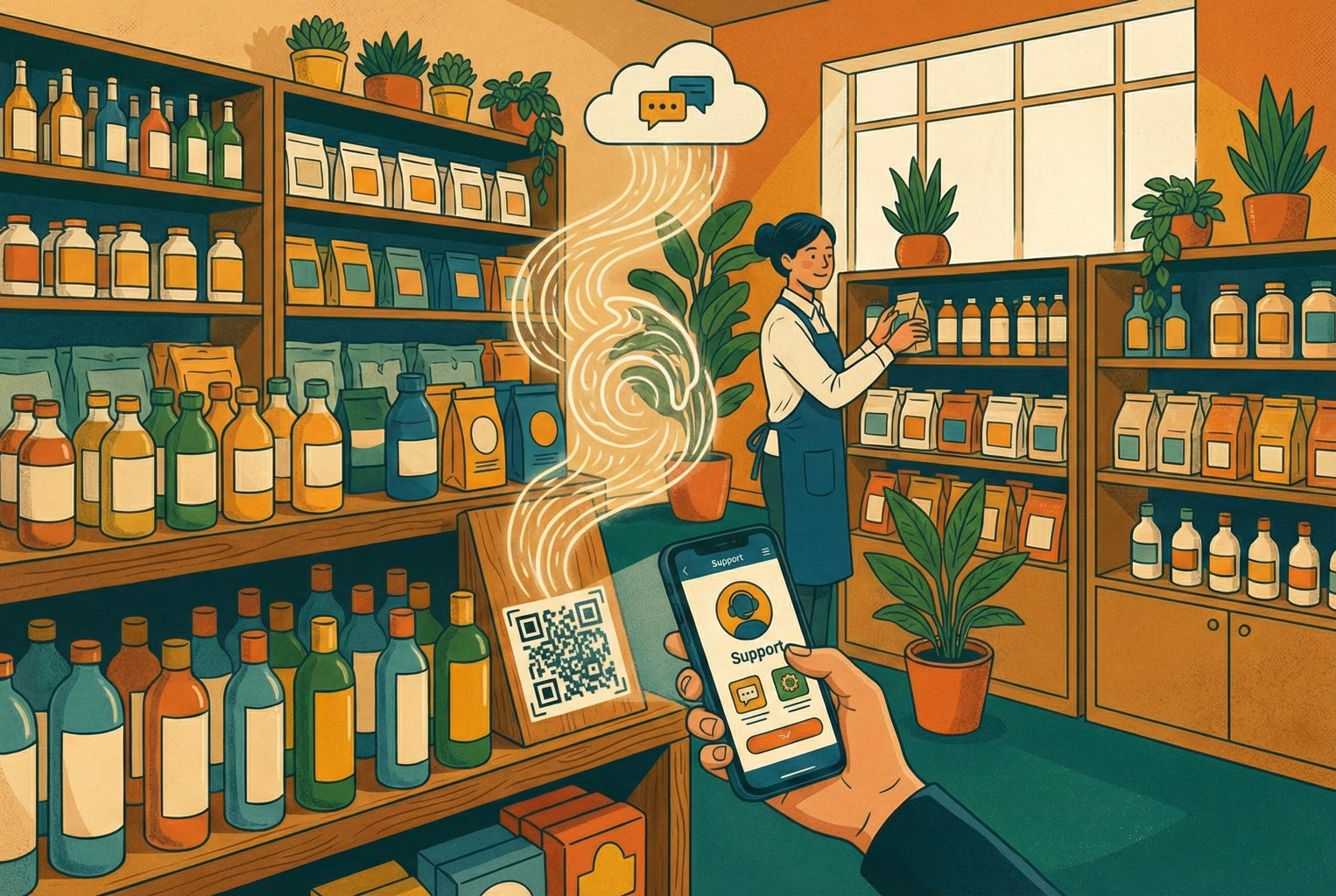 Customer scanning a QR code at a retail pickup counter to check order status or request a quick change without holding up the queue.