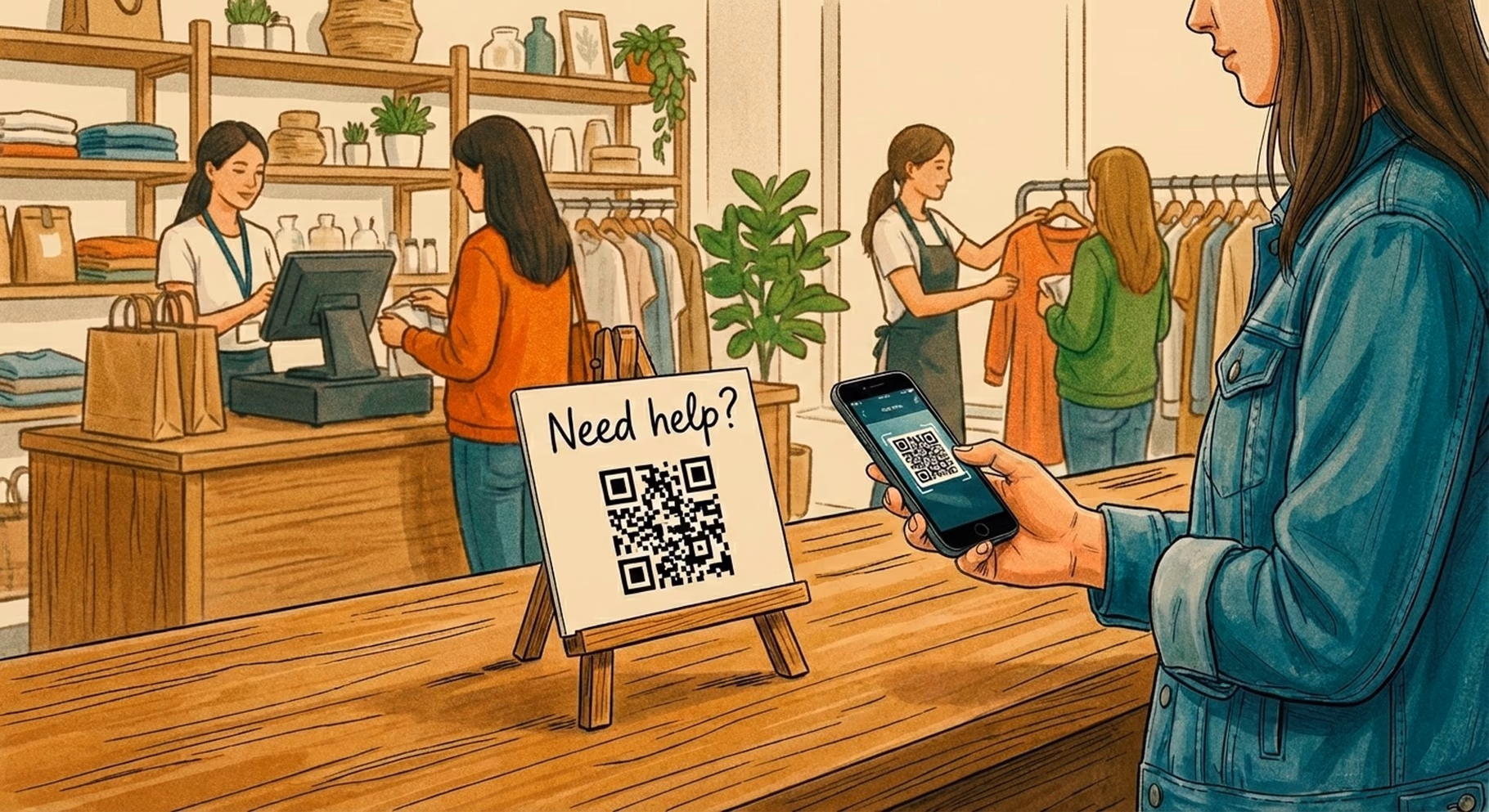 Customer scanning a QR code on a retail counter sign to get help when staff are busy, acting as a last-resort support option
