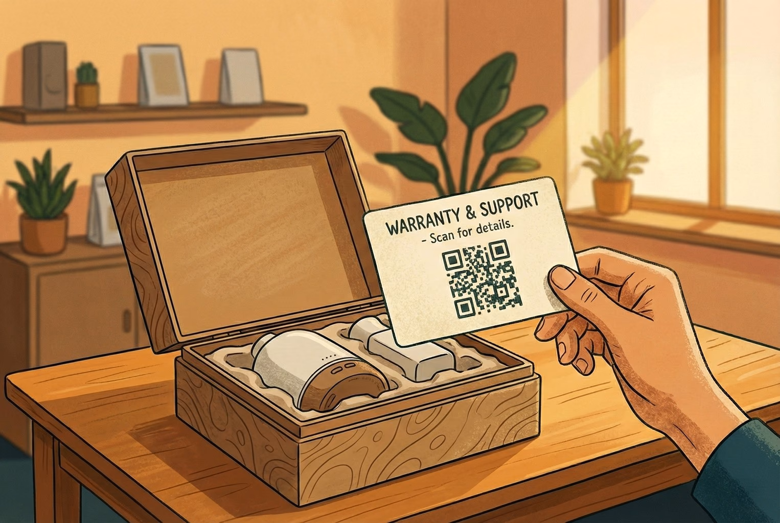QR code printed on a warranty card inside product packaging to help customers access registration, troubleshooting, or spare parts later