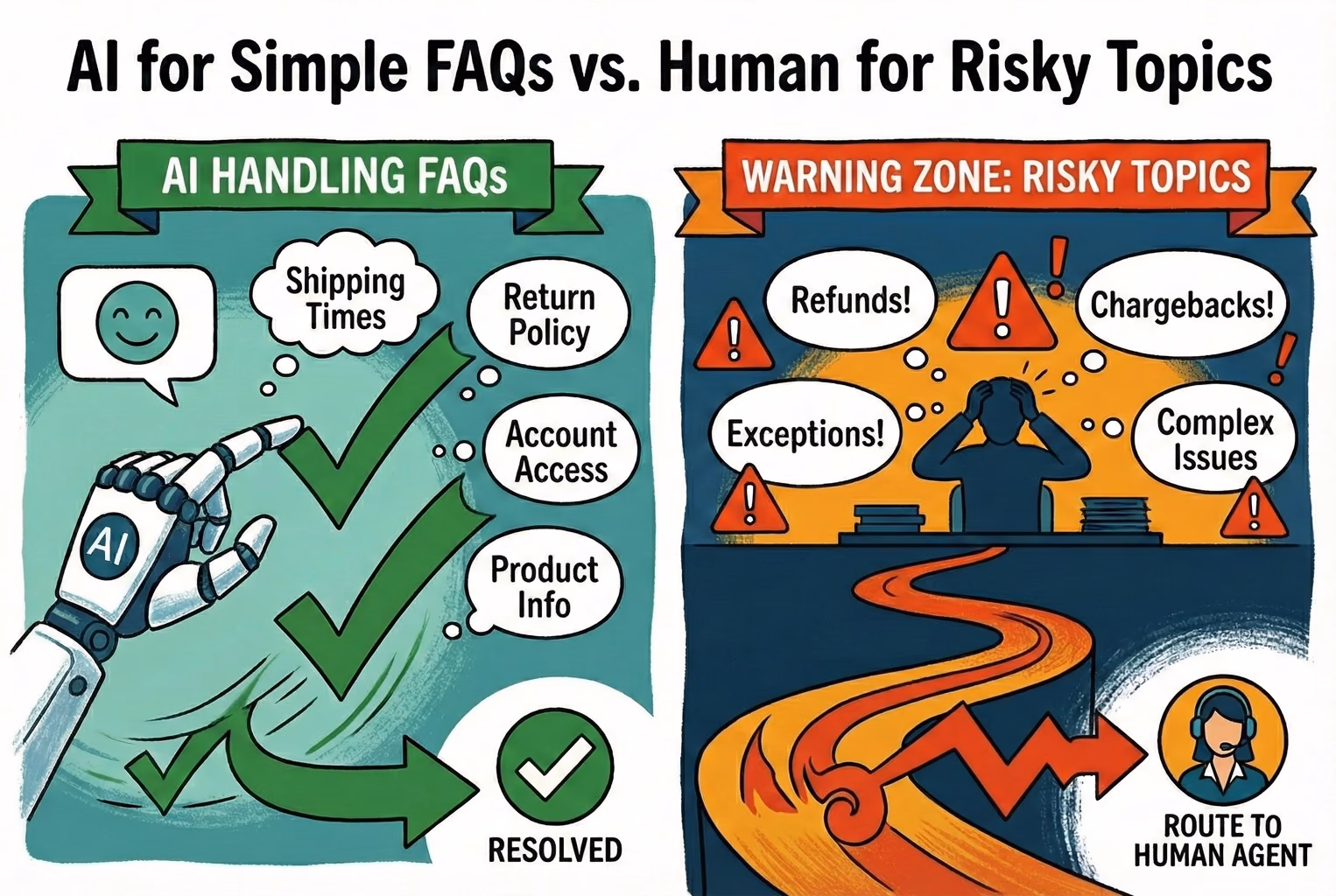 Graphic showing AI answering FAQs quickly while routing risky topics like refunds and disputes to a human.