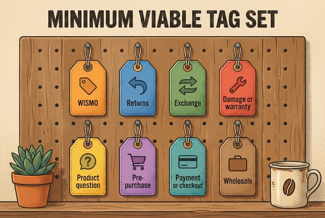 Illustration of a minimum viable support tag set for small retail teams, showing tags for WISMO, returns, exchange, damage or warranty, product questions, pre-purchase, payment or checkout, and wholesale enquiries.