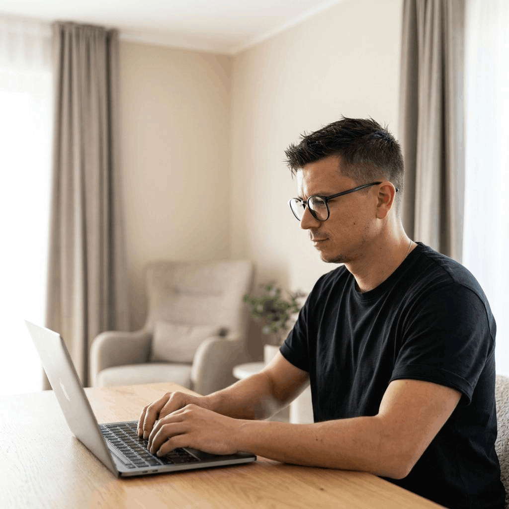 Kevin Wagner sitzt zu Hause am Tisch und arbeitet an einem Laptop.