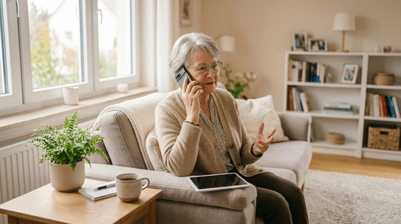 Seniorin beschreibt ihr Anliegen am Telefon und hält ein Tablet bereit.
