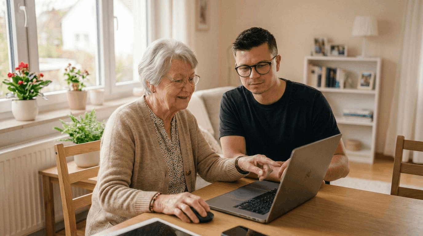 Kevin Wagner erklärt einer Seniorin Schritt für Schritt die Bedienung ihres Laptops.