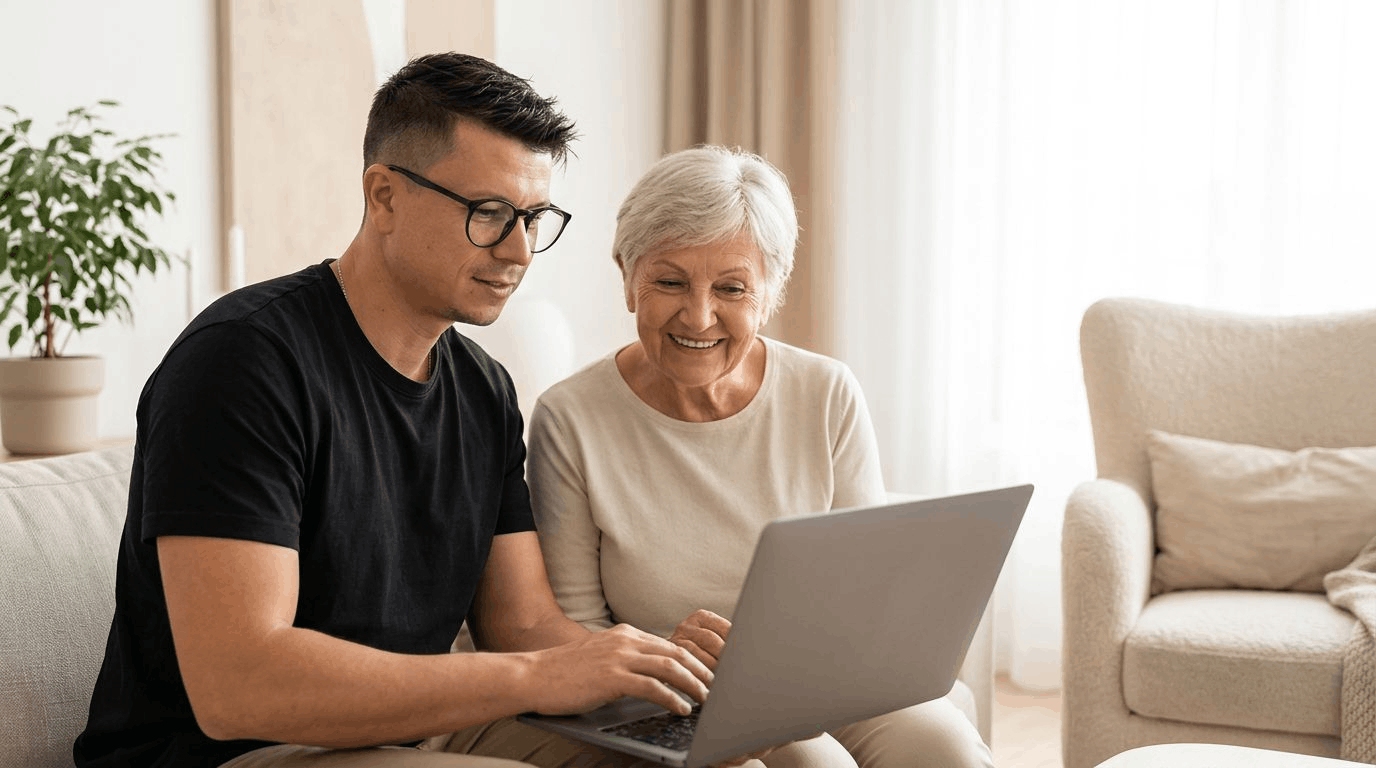 Kevin Wagner unterstützt eine Seniorin gemeinsam am Laptop.