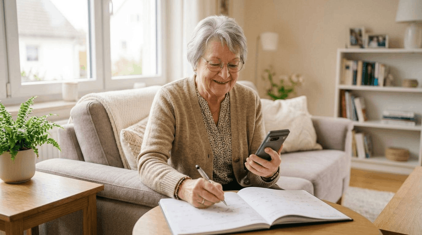Seniorin vereinbart telefonisch einen Termin und macht sich Notizen.