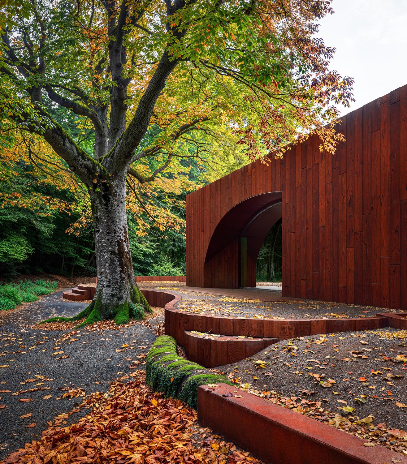 Curved rust-colored pavilion set among mature trees and fallen autumn leaves.